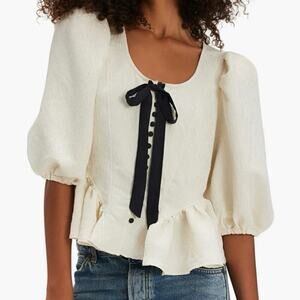 Free People Pamela Bow Top L White NWT Coquette Peplum Blouse Puff Sleeve